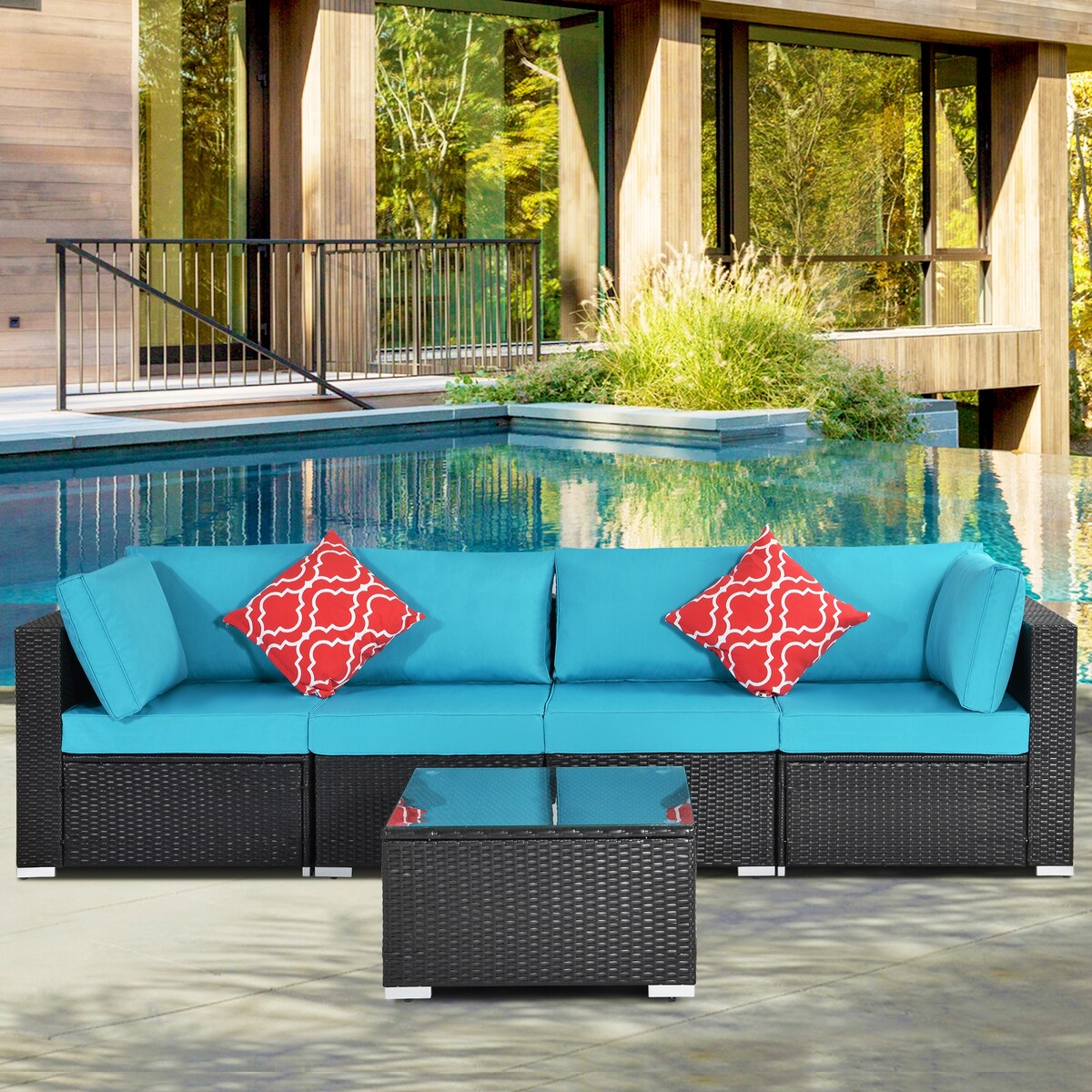 Outdoor Garden Patio Furniture 5-Piece PE Rattan Wicker Sectional Cushioned Sofa Sets with 2 Pillows and Coffee Table