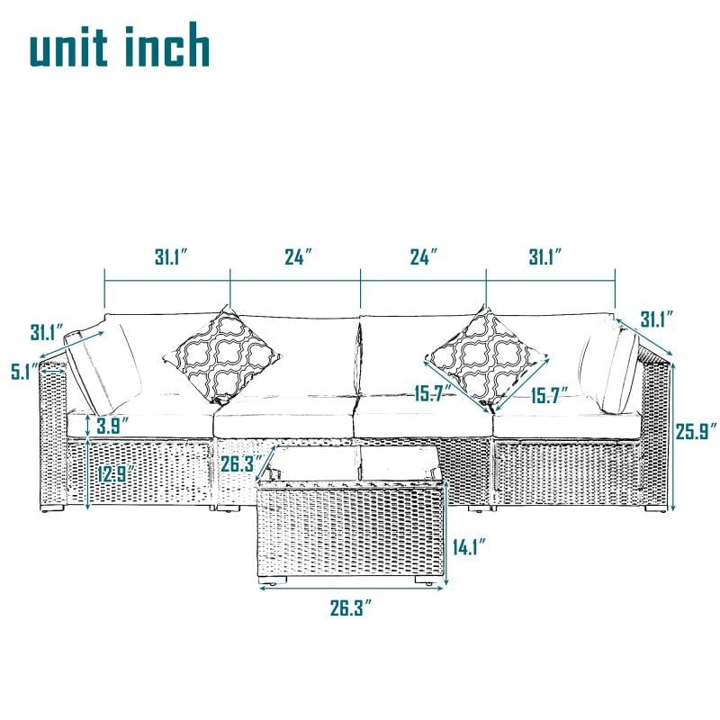 Outdoor Garden Patio Furniture 5-Piece PE Rattan Wicker Sectional Cushioned Sofa Sets with 2 Pillows and Coffee Table