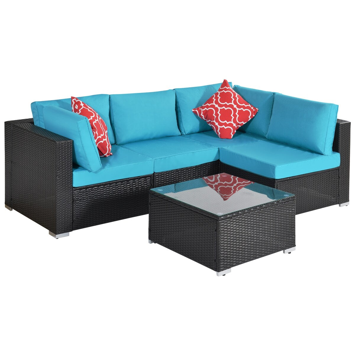 Outdoor Garden Patio Furniture 5-Piece PE Rattan Wicker Sectional Cushioned Sofa Sets with 2 Pillows and Coffee Table