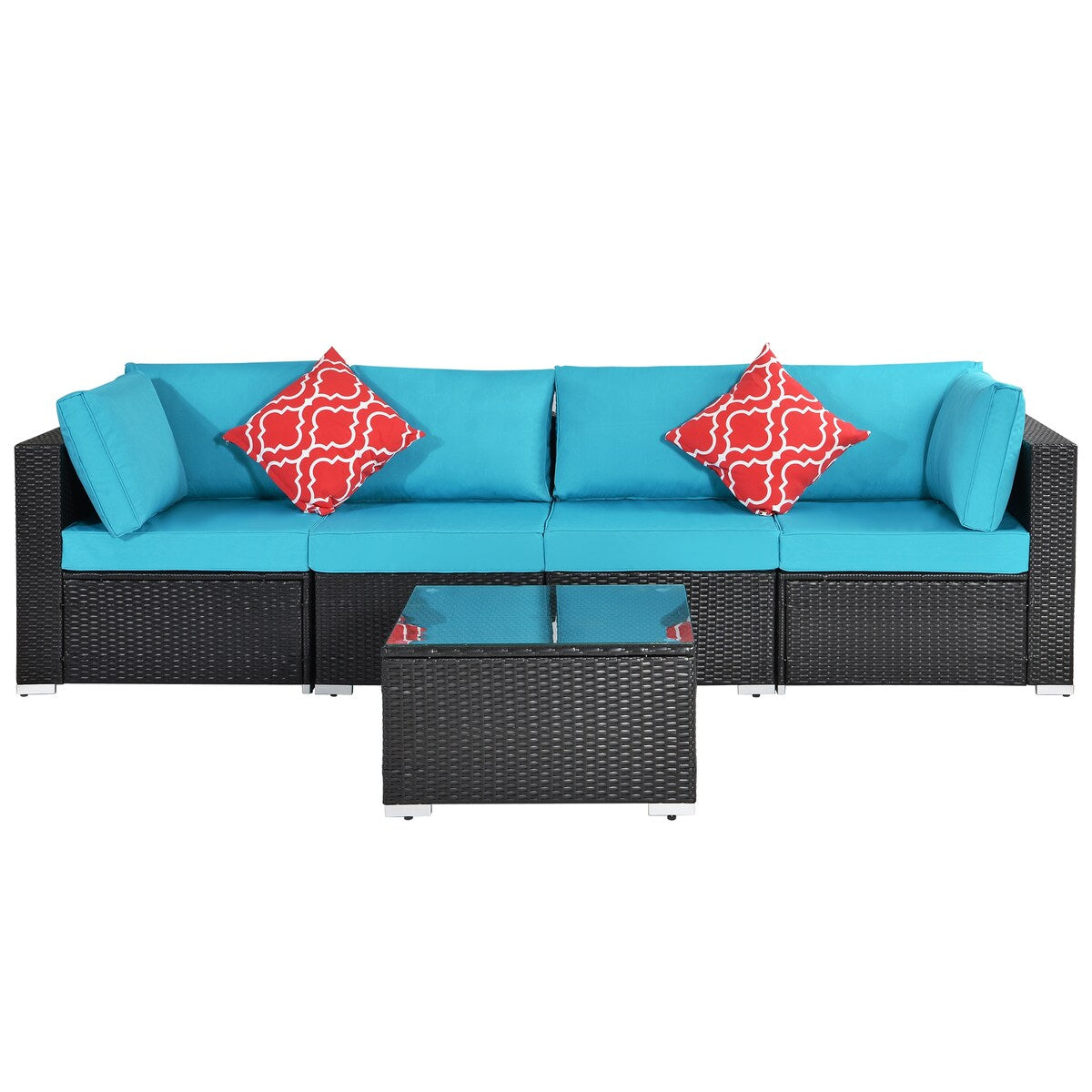 Outdoor Garden Patio Furniture 5-Piece PE Rattan Wicker Sectional Cushioned Sofa Sets with 2 Pillows and Coffee Table