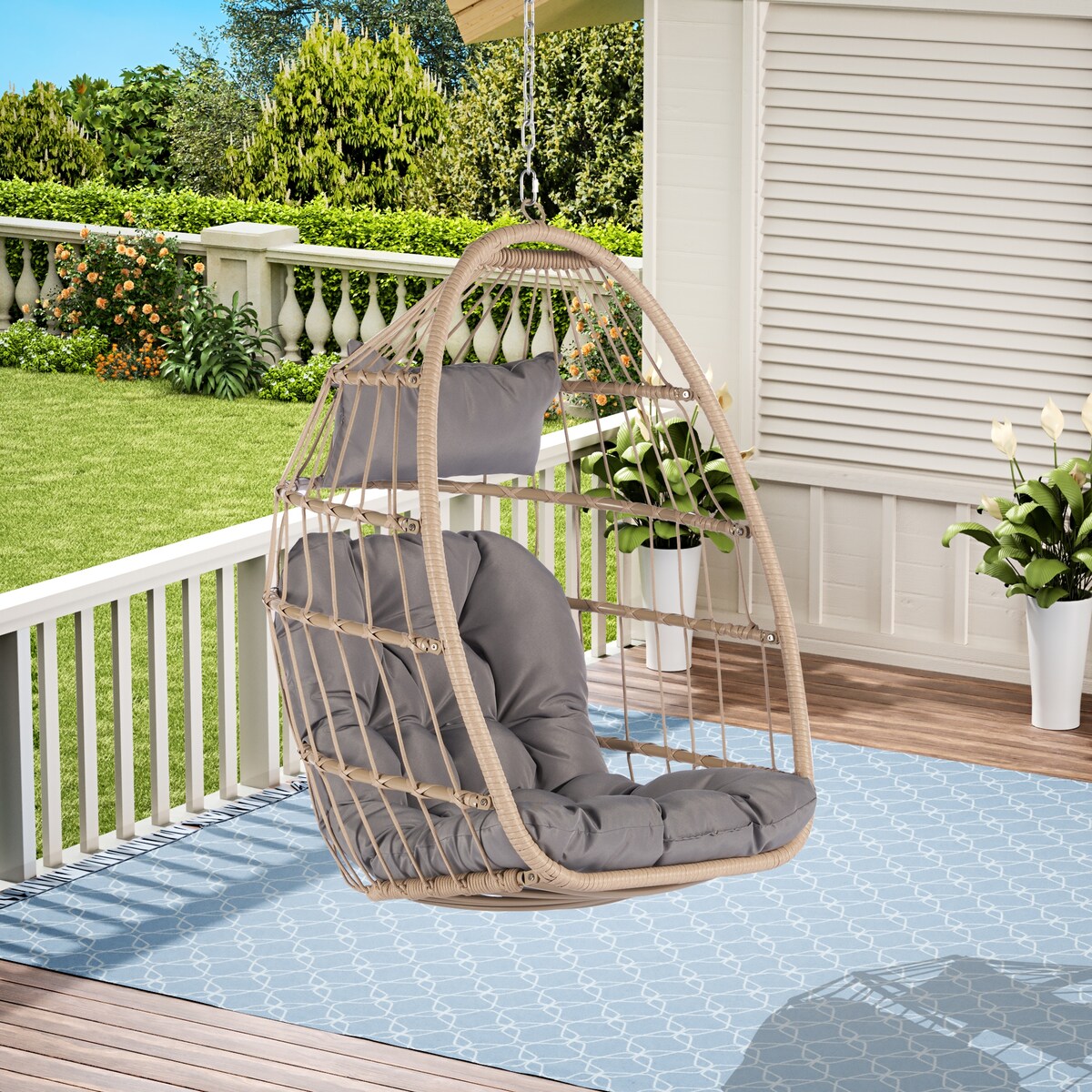 Outdoor Garden Rattan Egg Swing Chair Hanging Chair Wood+Light Gray