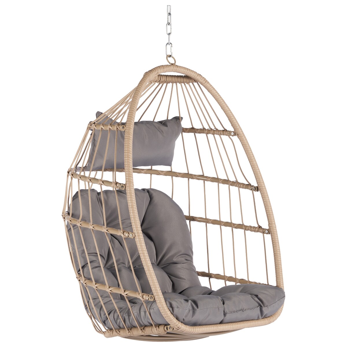 Outdoor Garden Rattan Egg Swing Chair Hanging Chair Wood+Light Gray