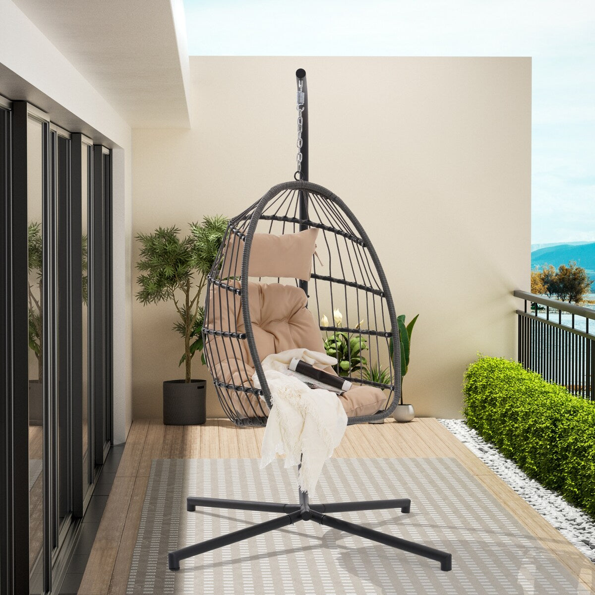 Outdoor Garden Rattan Egg Swing Chair Hanging Chair Wood