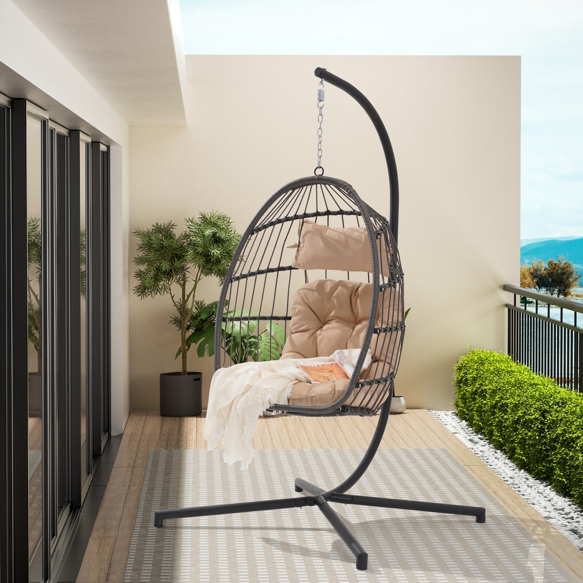 Outdoor Garden Rattan Egg Swing Chair Hanging Chair Wood