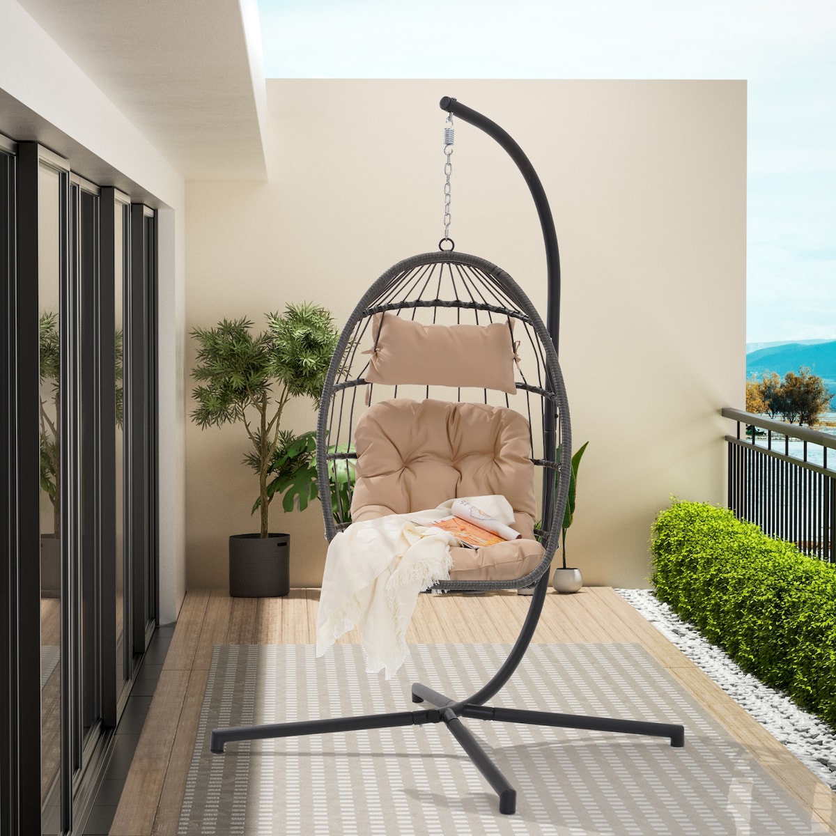 Outdoor Garden Rattan Egg Swing Chair Hanging Chair Wood
