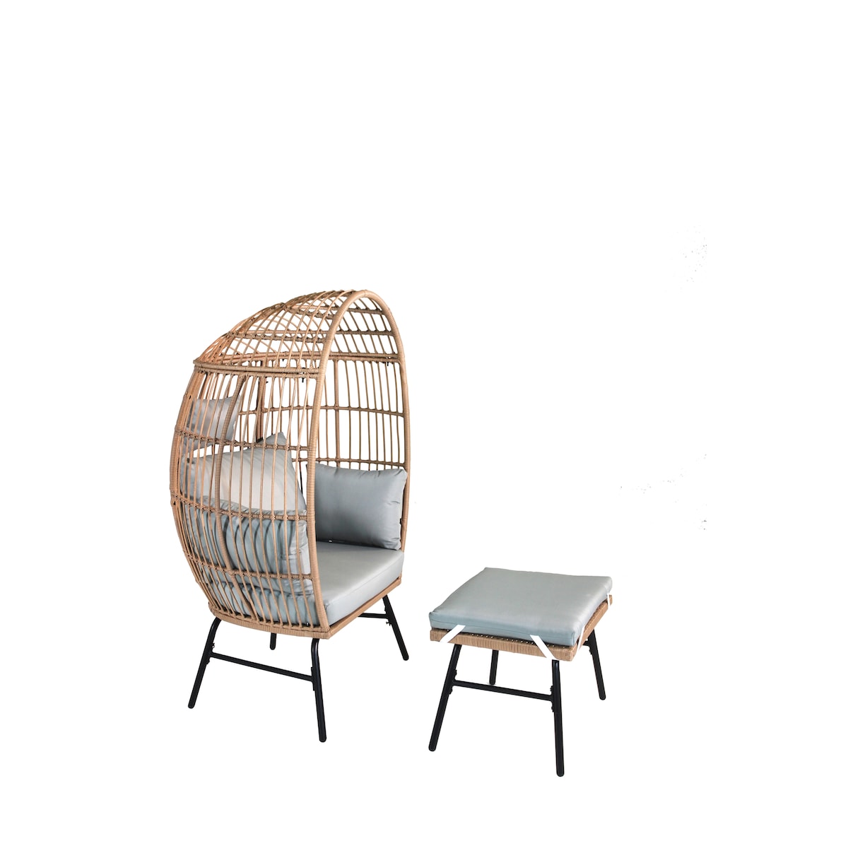 Outdoor Garden Wicker Egg Chair And Footstool Patio Chaise, With Cushions, Outdoor Indoor Basket Chair