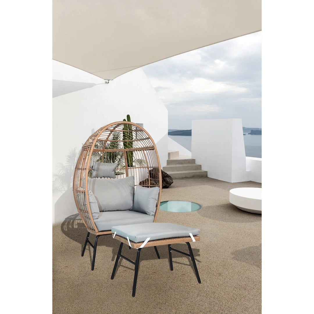 Outdoor Garden Wicker Egg Chair And Footstool Patio Chaise, With Cushions, Outdoor Indoor Basket Chair