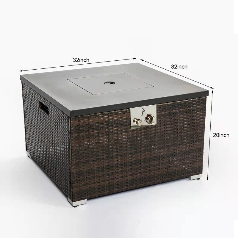Outdoor Gas Fire Pit Square Wicker Fire Pit Table Propane Fire Table with Glass Rocks