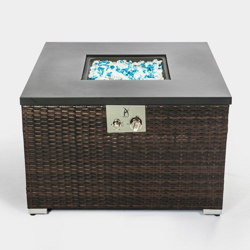 Outdoor Gas Fire Pit Square Wicker Fire Pit Table Propane Fire Table with Glass Rocks