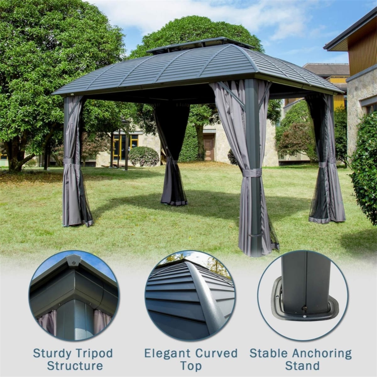 Outdoor Gazebo 10'x12', Permanent Hardtop Gazebo with Aluminum Frame