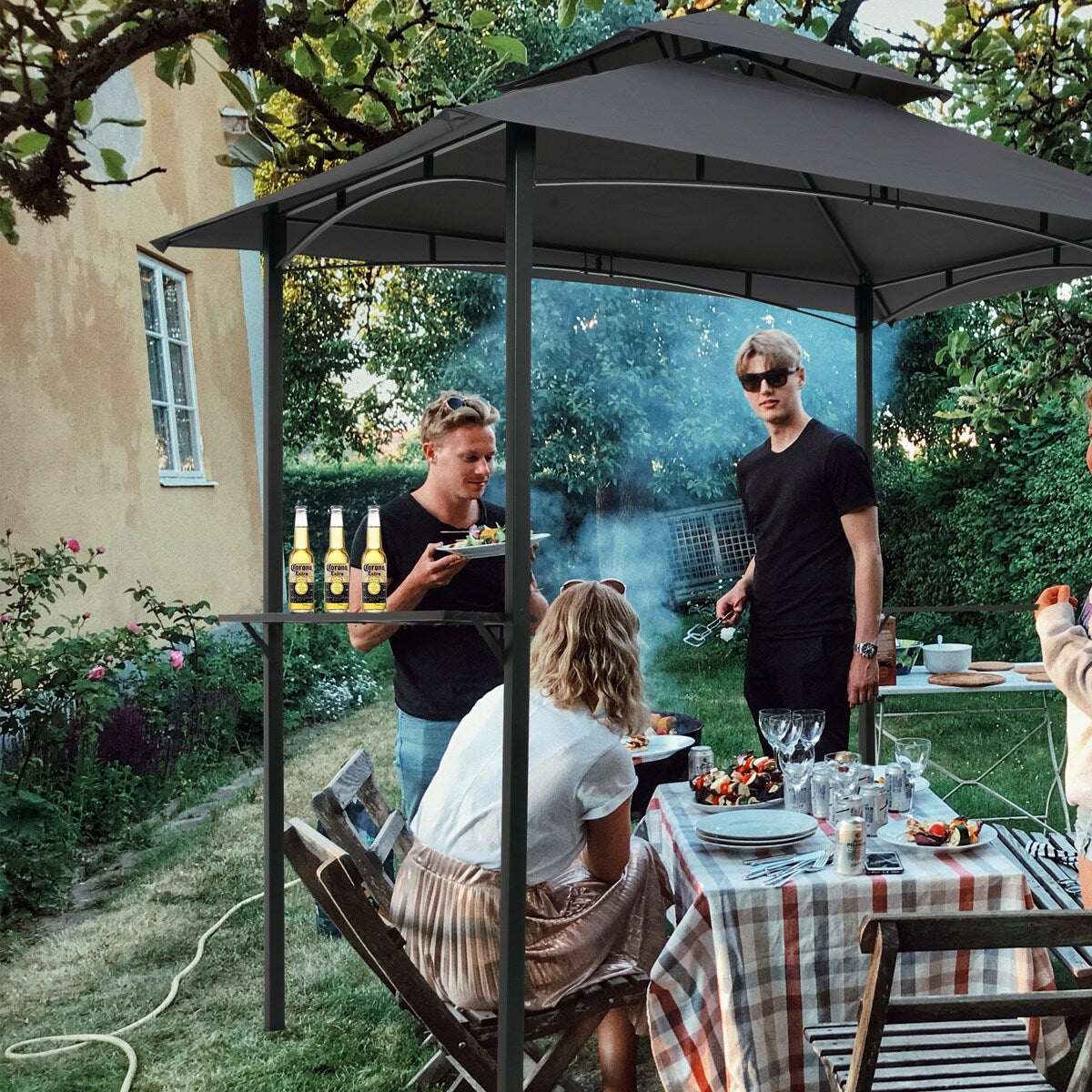 Outdoor Grill Gazebo 8 x 5 Ft, Shelter Tent,Double Tier Soft Top Canopy And Steel Frame With Hook And Bar Counters
