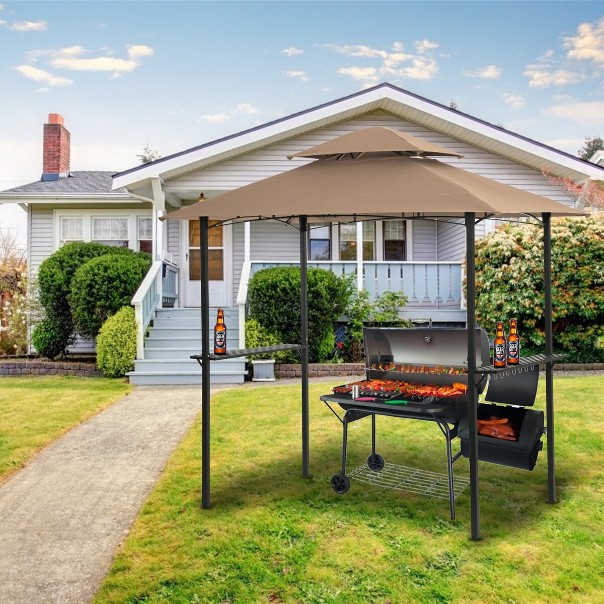 Outdoor Grill Gazebo 8 x 5 Ft, Shelter Tent,Double Tier Soft Top Canopy And Steel Frame With Hook And Bar Counters
