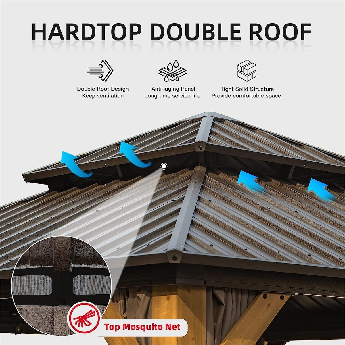 Outdoor Hardtop Gazebo Cedar Wood Frame Galvanized Steel Double Roof with Curtains and Netting