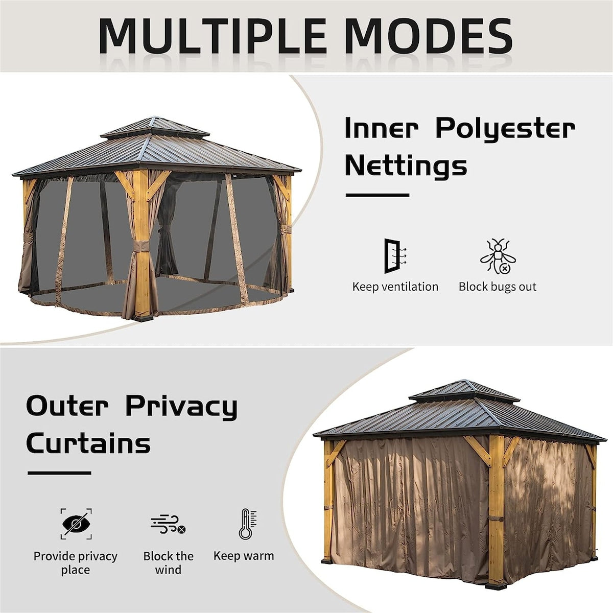 Outdoor Hardtop Gazebo Cedar Wood Frame Galvanized Steel Double Roof with Curtains and Netting