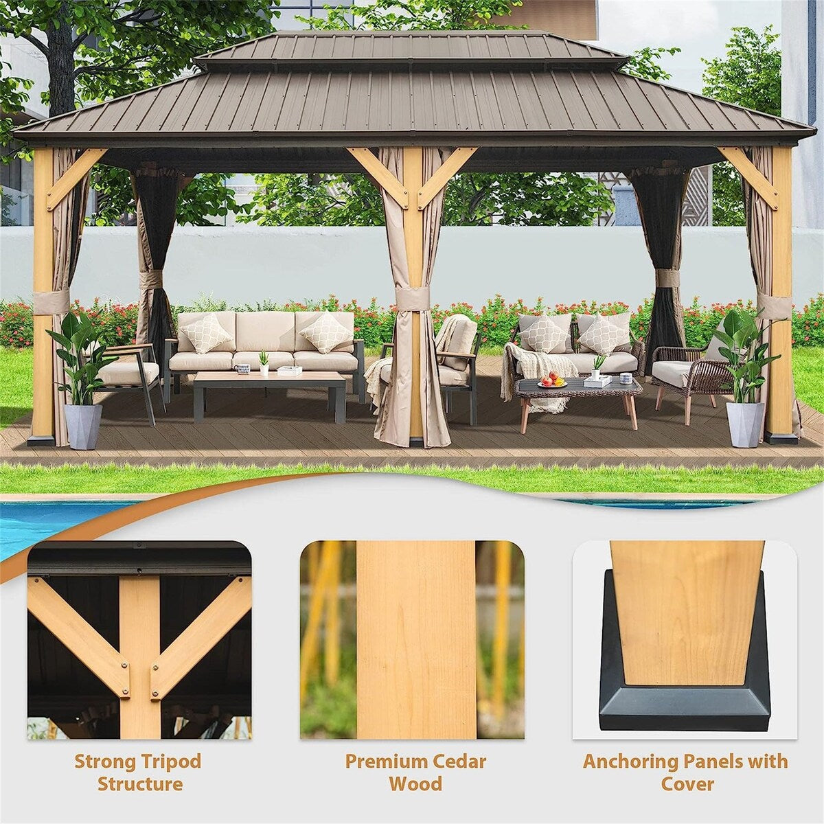 Outdoor Hardtop Gazebo Cedar Wood Frame Galvanized Steel Double Roof with Curtains and Netting