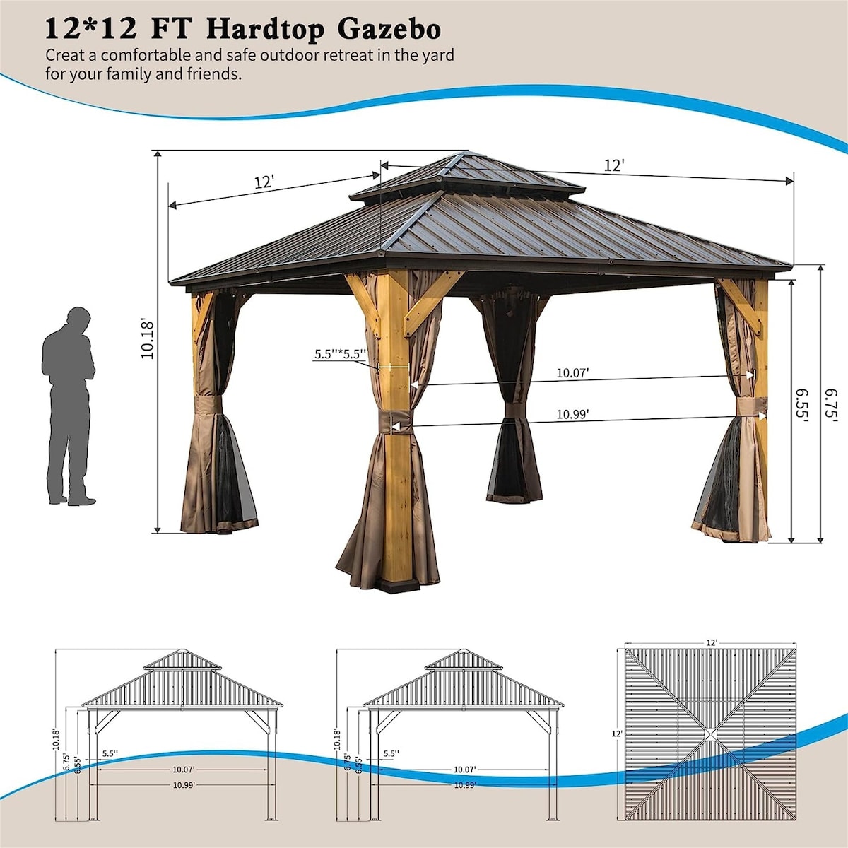 Outdoor Hardtop Gazebo Cedar Wood Frame Galvanized Steel Double Roof with Curtains and Netting