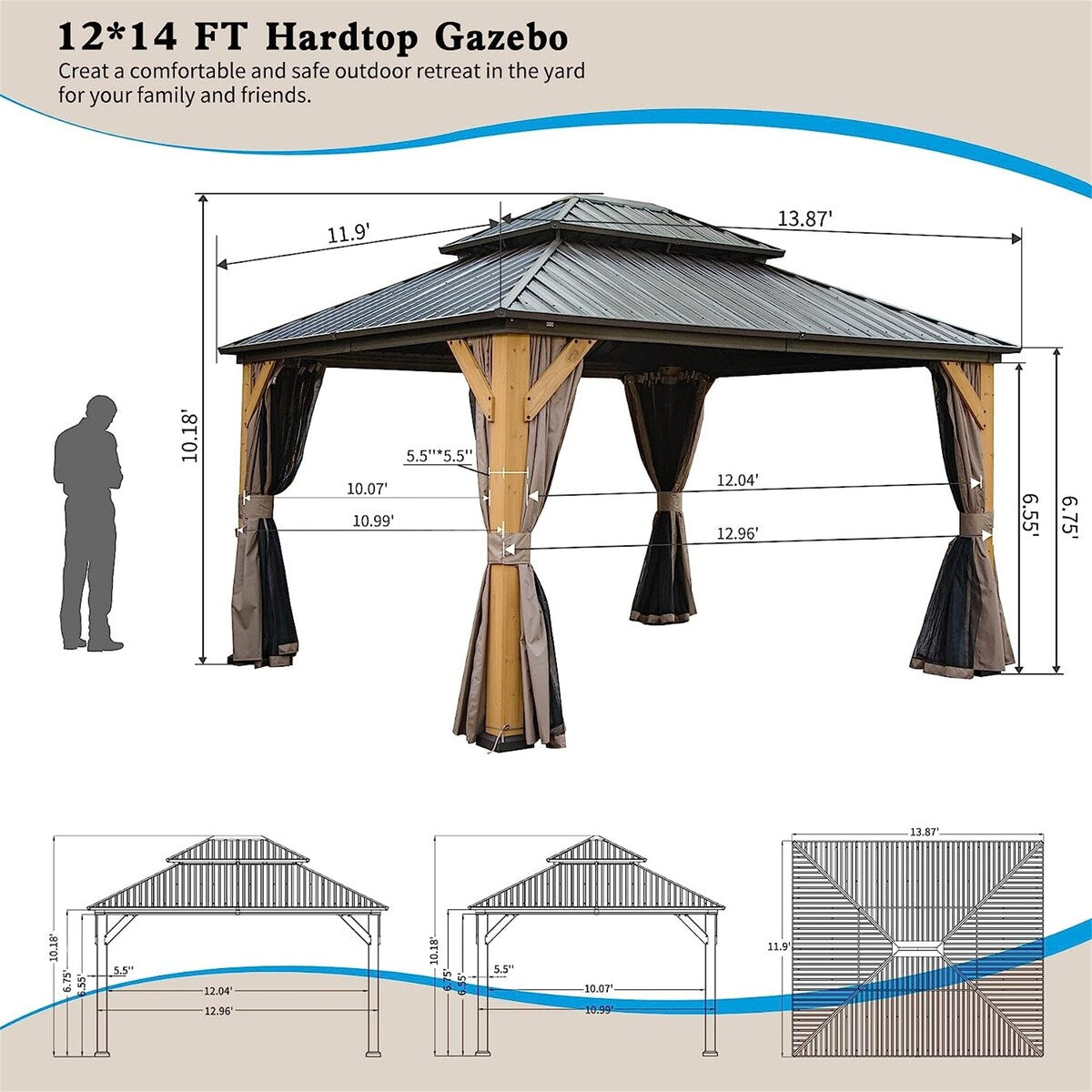 Outdoor Hardtop Gazebo Cedar Wood Frame Galvanized Steel Double Roof with Curtains and Netting