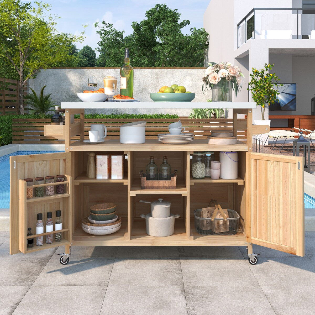 Outdoor Kitchen Island,Rolling Bar Cart & Storage Cabinet,Farmhouse Solid Wood Outdoor Grill Table with Stainless Steel Top