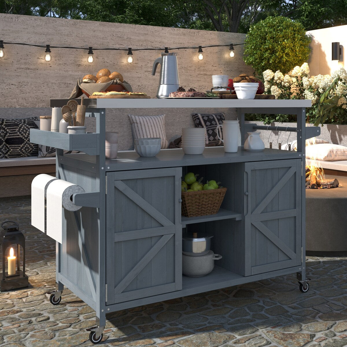 Outdoor Kitchen Island,Rolling Bar Cart & Storage Cabinet,Farmhouse Solid Wood Outdoor Grill Table with Stainless Steel Top