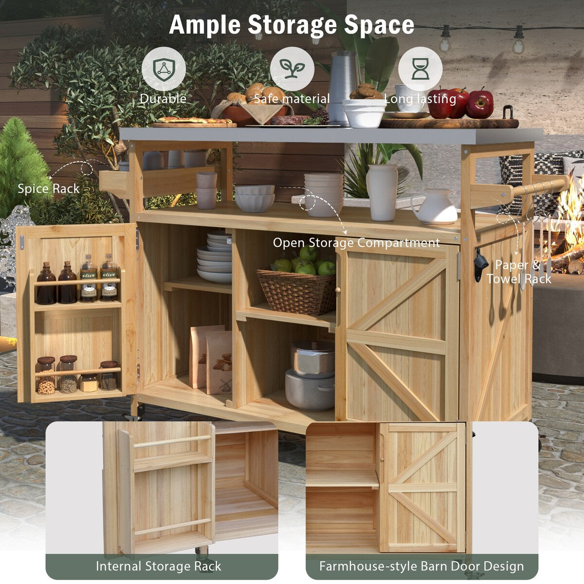 Outdoor Kitchen Island,Rolling Bar Cart & Storage Cabinet,Farmhouse Solid Wood Outdoor Grill Table with Stainless Steel Top