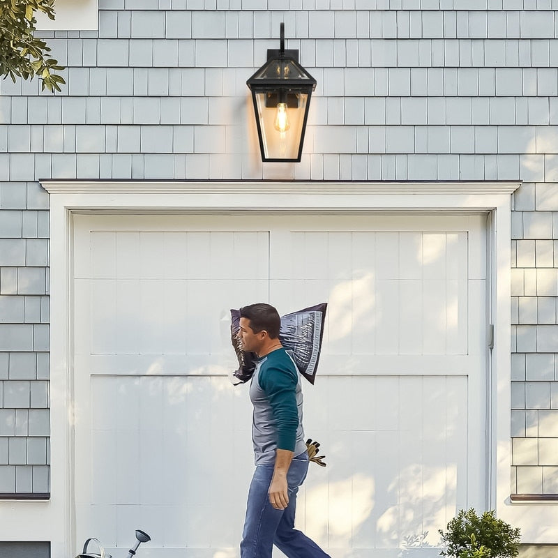 Outdoor Large Black Exterior Wall Lantern Sconce Light with Glass Shade