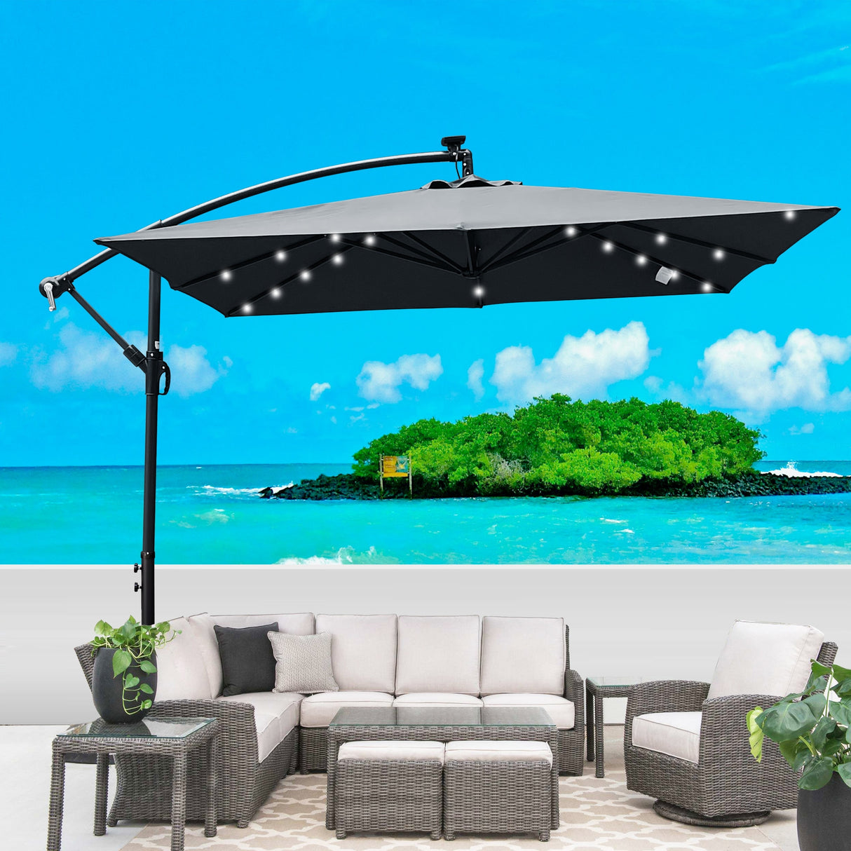 Outdoor Market Umbrella with Base and Solar Powered LED Lights