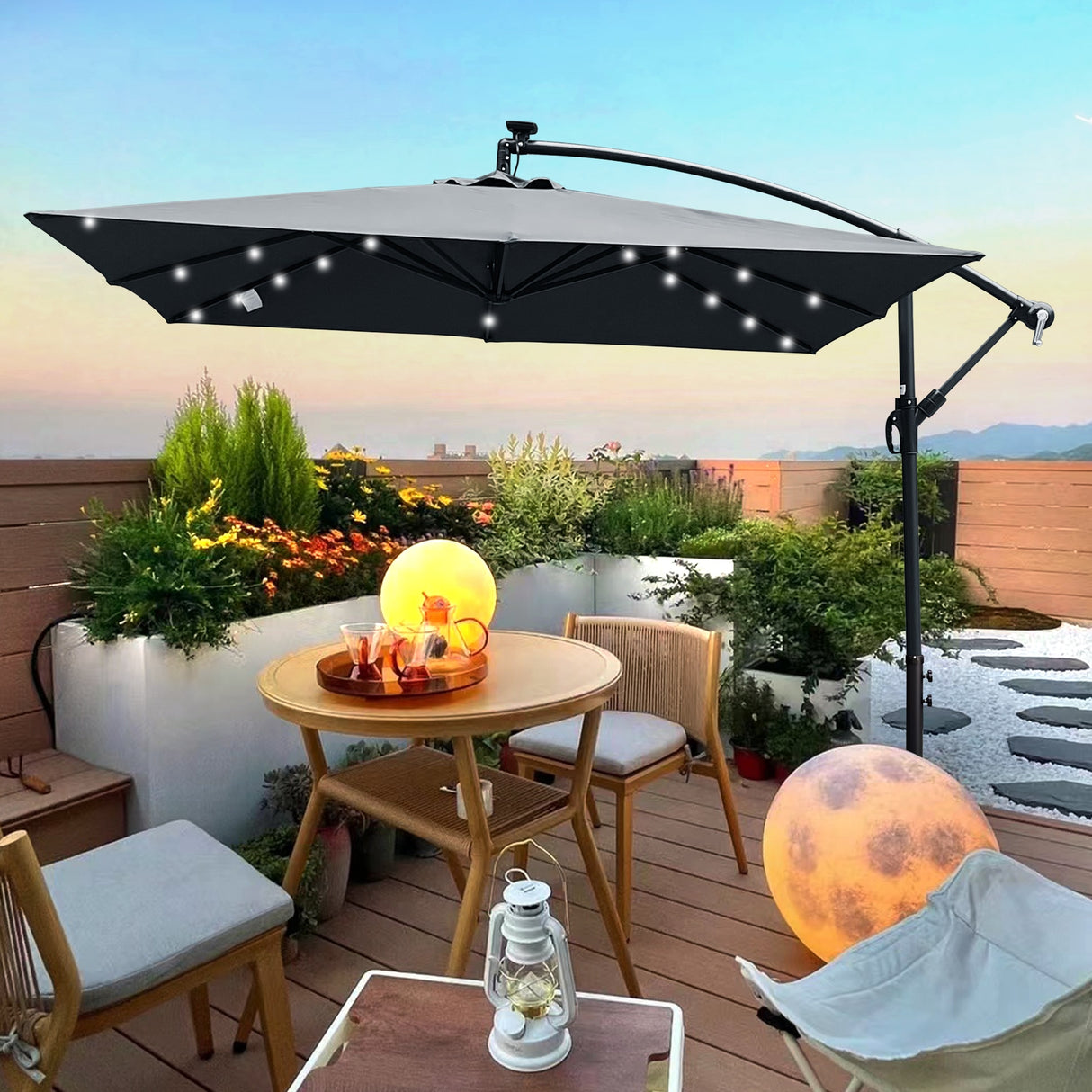 Outdoor Market Umbrella with Base and Solar Powered LED Lights