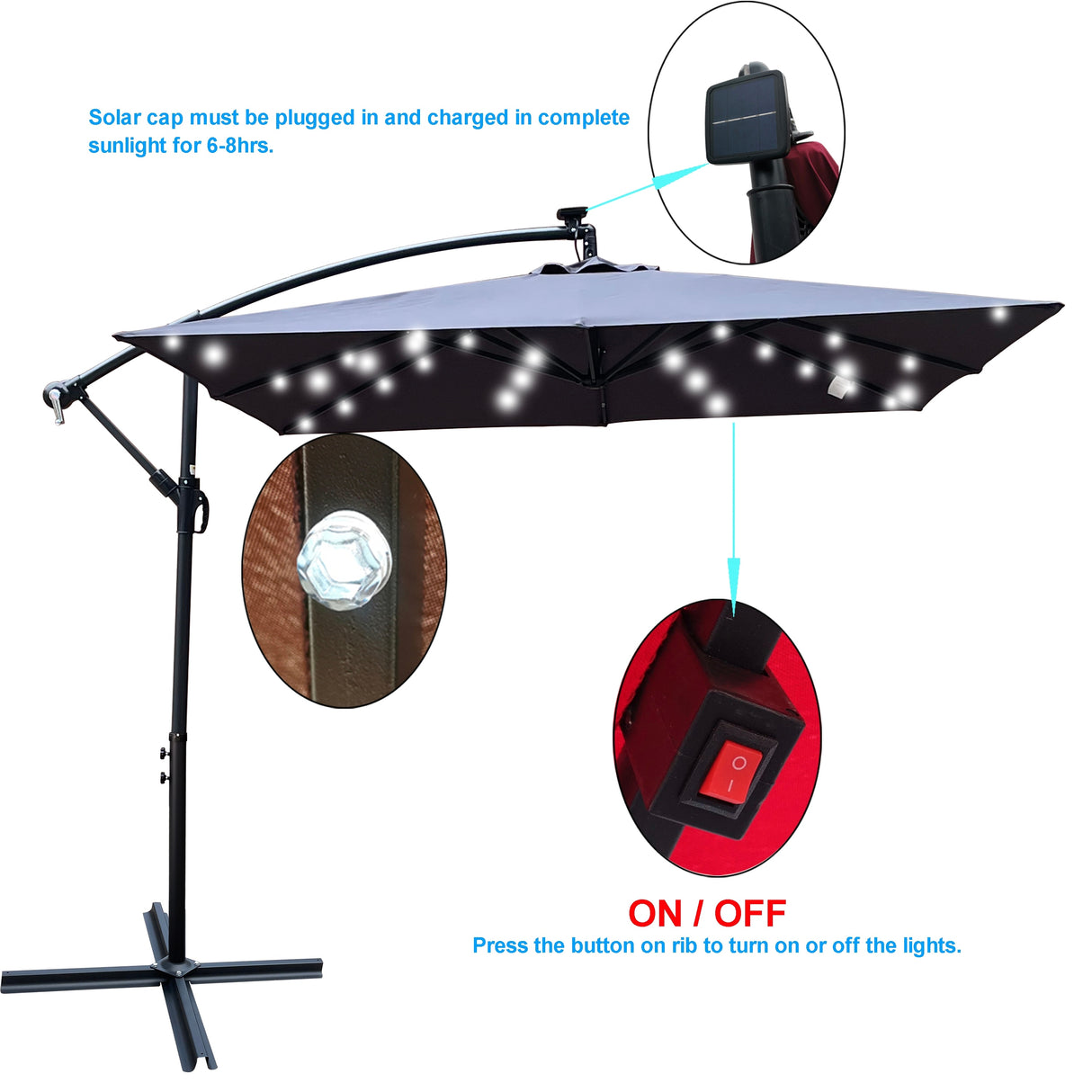 Outdoor Market Umbrella with Base and Solar Powered LED Lights