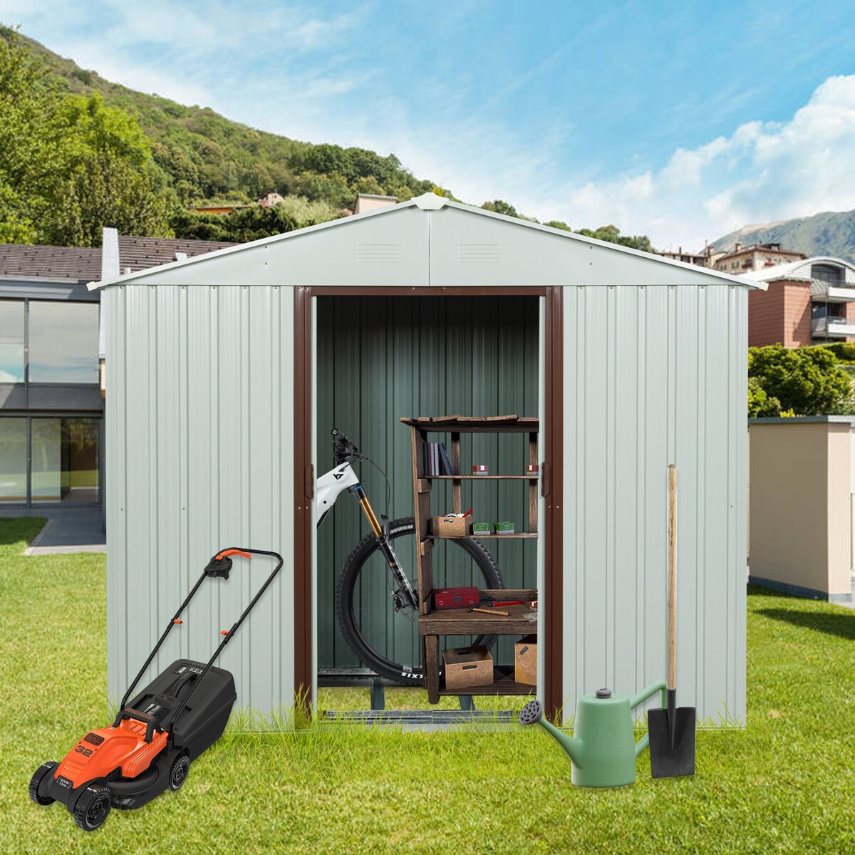 Outdoor Metal Storage Shed with Floor & Sliding Doors 6ft x 5ft