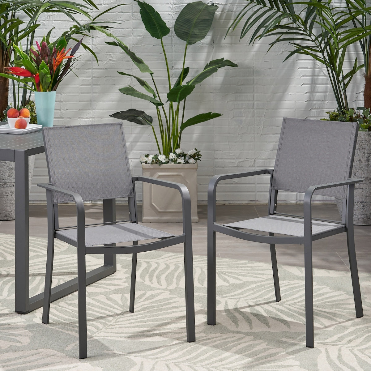 Outdoor Modern Aluminum Dining Chair with Mesh Seat (Set of 2), Gun Metal Gray and Dark Gray