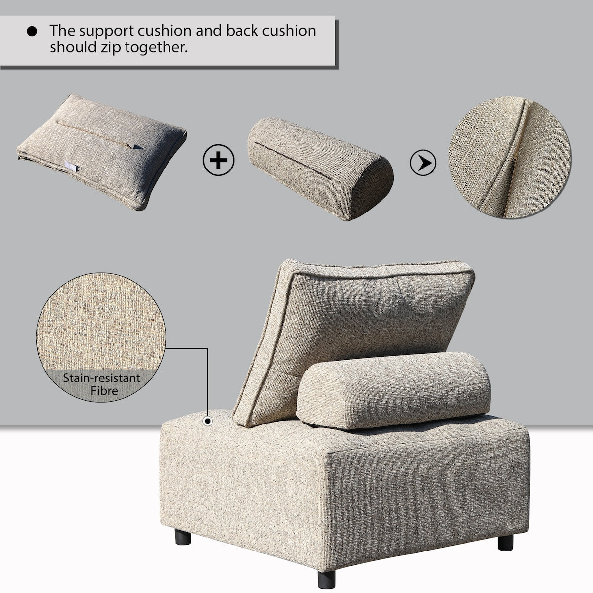 Outdoor Modular Sofa Chair With Aluminum Structure,Support Cushion and Back Cushion Cover-Removable