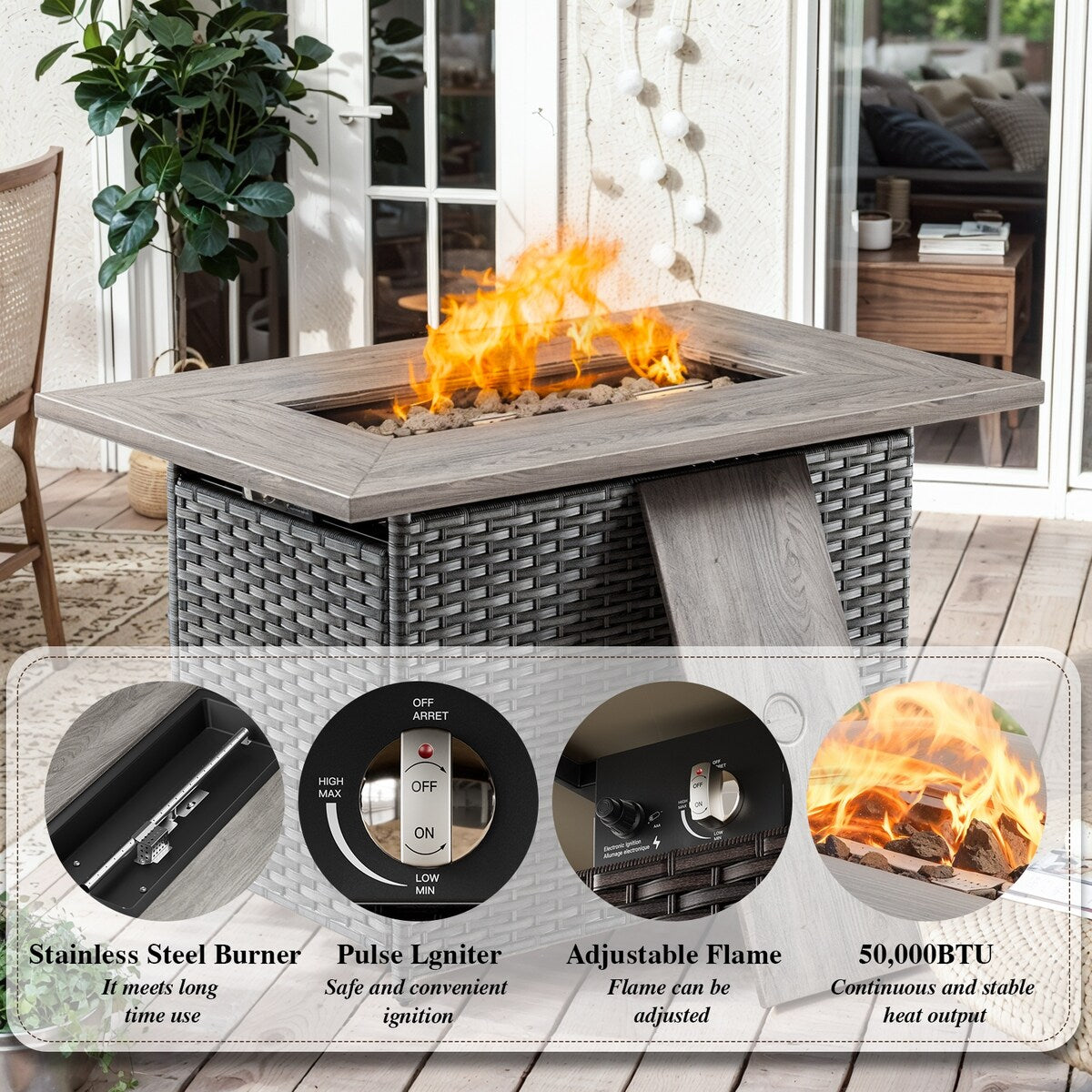 Outdoor PE Wicker Furniture Set with Fire pit Table