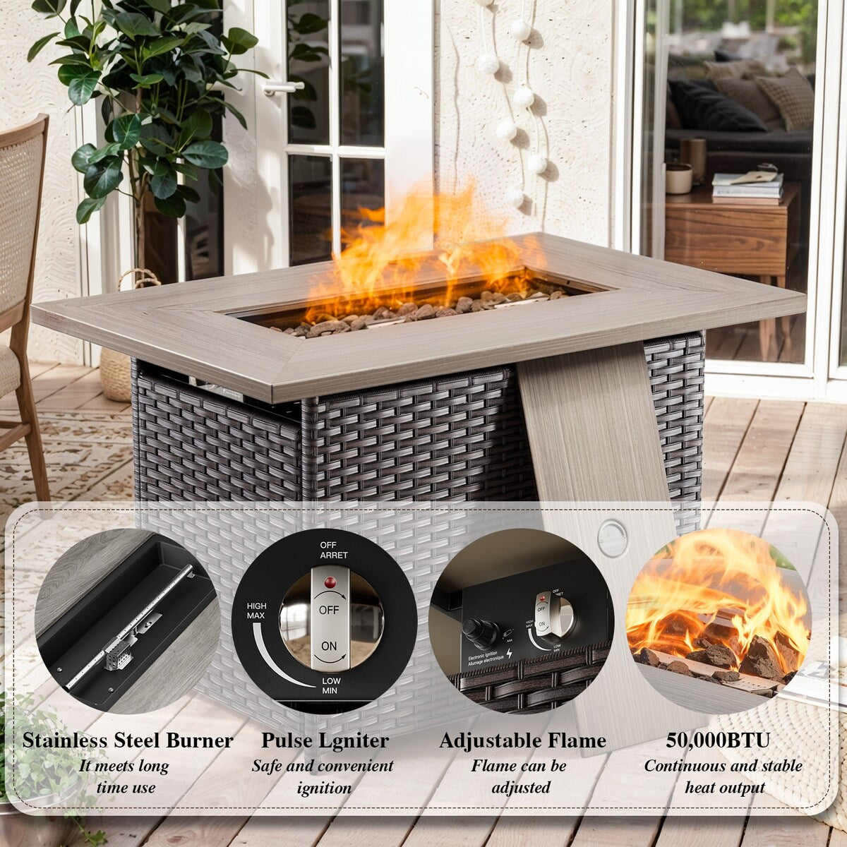 Outdoor PE Wicker Furniture Set with Fire pit Table