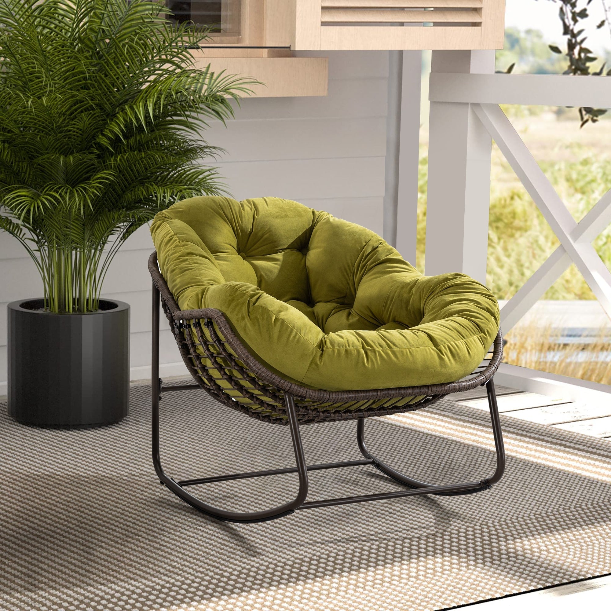 Outdoor Papasan Chair Hand Woven Rattan Rocking Chair Oversized Rocker Recliner Chair Curved Patio Rocking Chair Orange