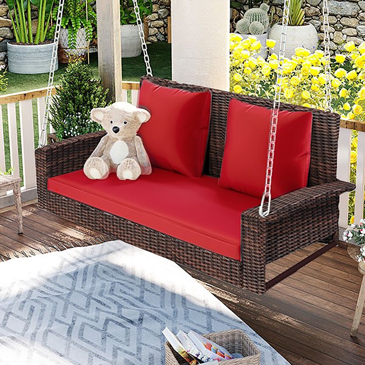 Outdoor Patio 2-Person Wicker Hanging Rattan Porch Swing with Chains, Cushion, and Pillow - 50" x 20" in.