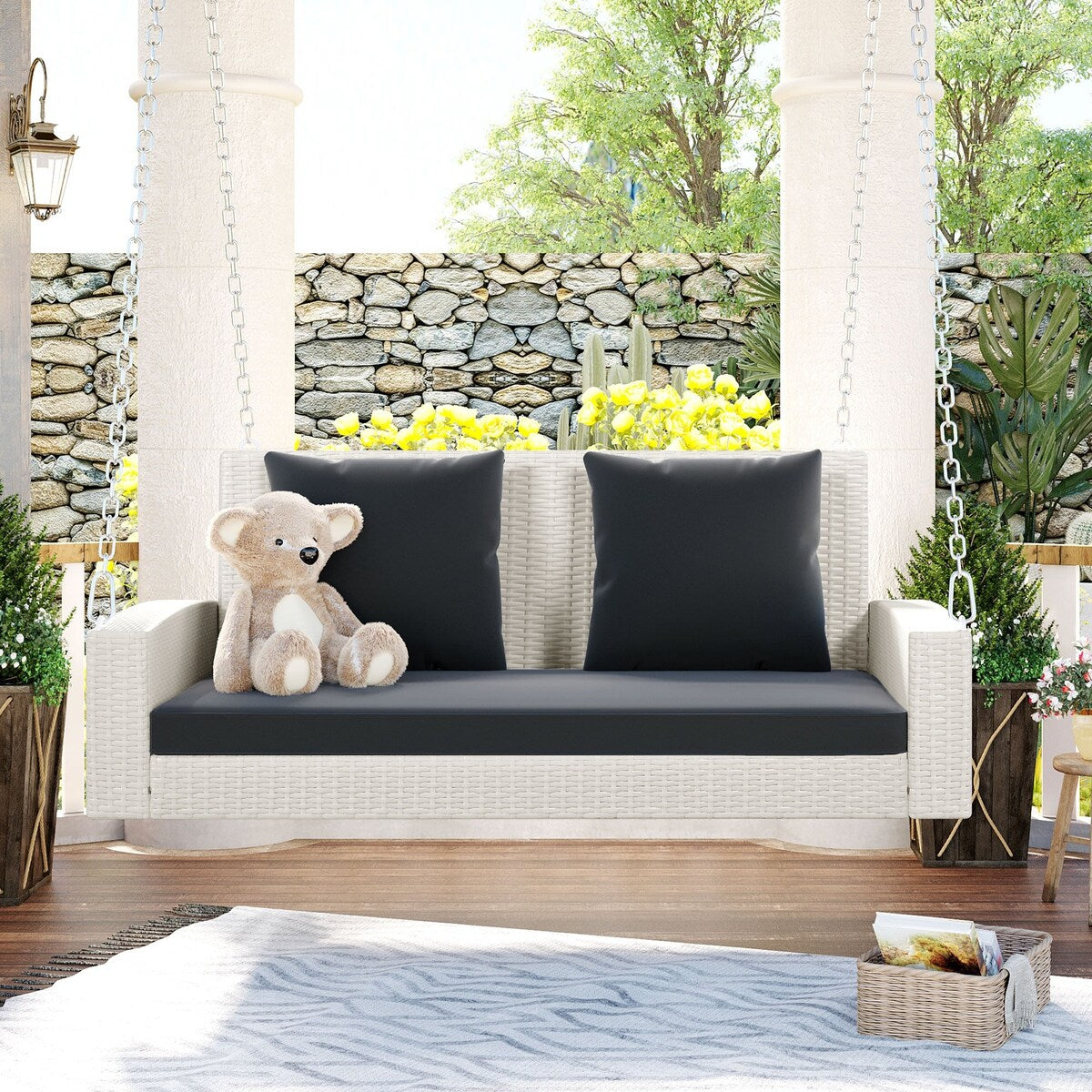 Outdoor Patio 2-Person Wicker Hanging Rattan Porch Swing with Chains, Cushion, and Pillow - 50" x 20" in.
