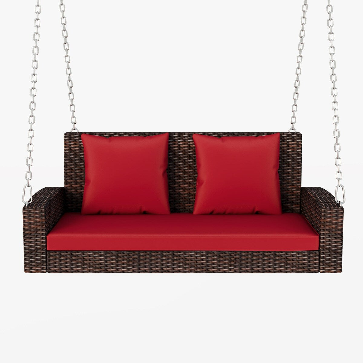 Outdoor Patio 2-Person Wicker Hanging Rattan Porch Swing with Chains, Cushion, and Pillow - 50" x 20" in.