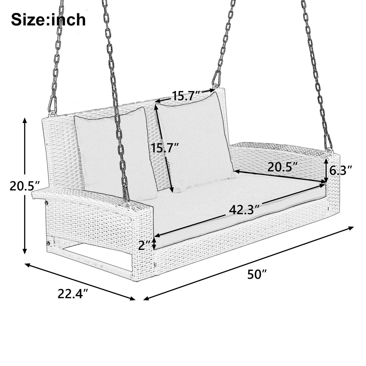 Outdoor Patio 2-Person Wicker Hanging Rattan Porch Swing with Chains, Cushion, and Pillow - 50" x 20" in.