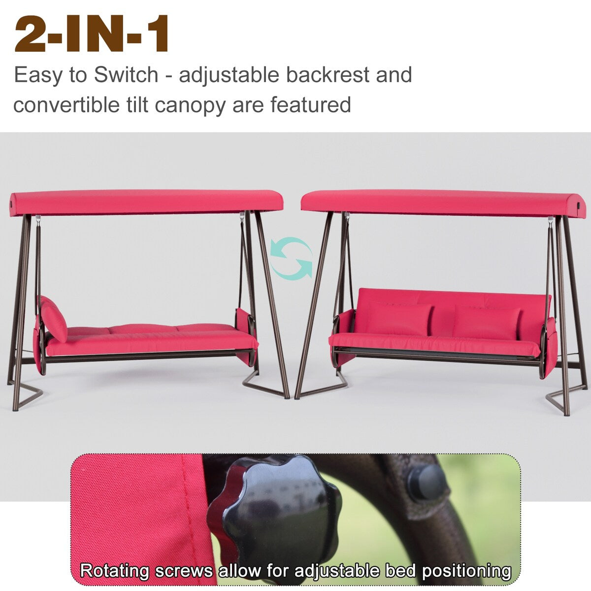 Outdoor Patio 3 Seaters Metal Swing Chair Swing Bed with Cushion and Adjustable Canopy For Balcony,Poolside and Garden