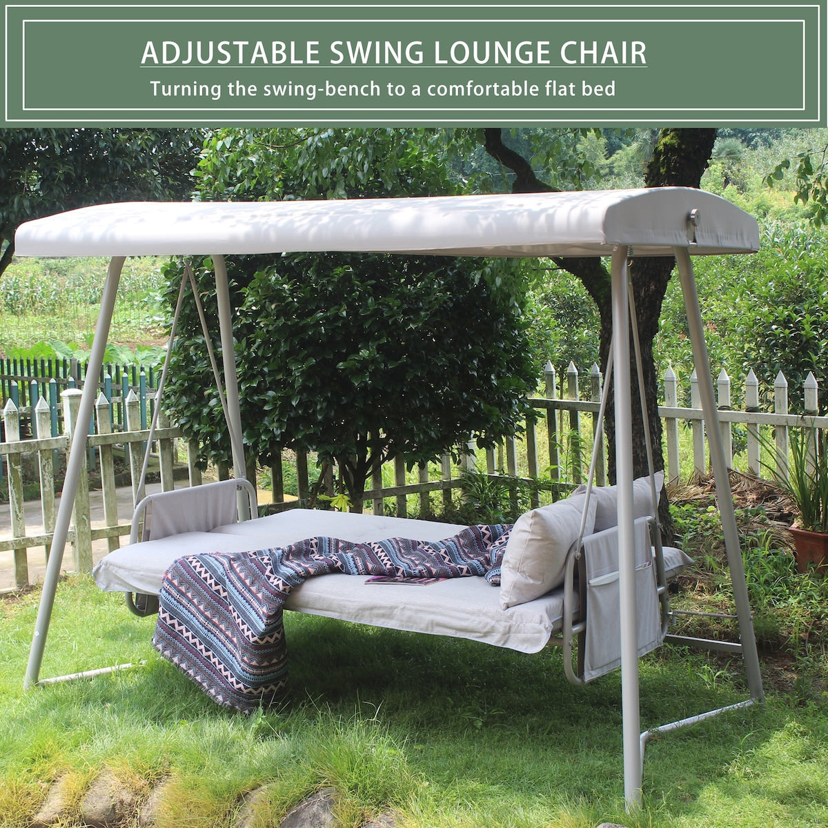 Outdoor Patio 3 Seaters Metal Swing Chair Swing Bed with Cushion and Adjustable Canopy For Balcony,Poolside and Garden