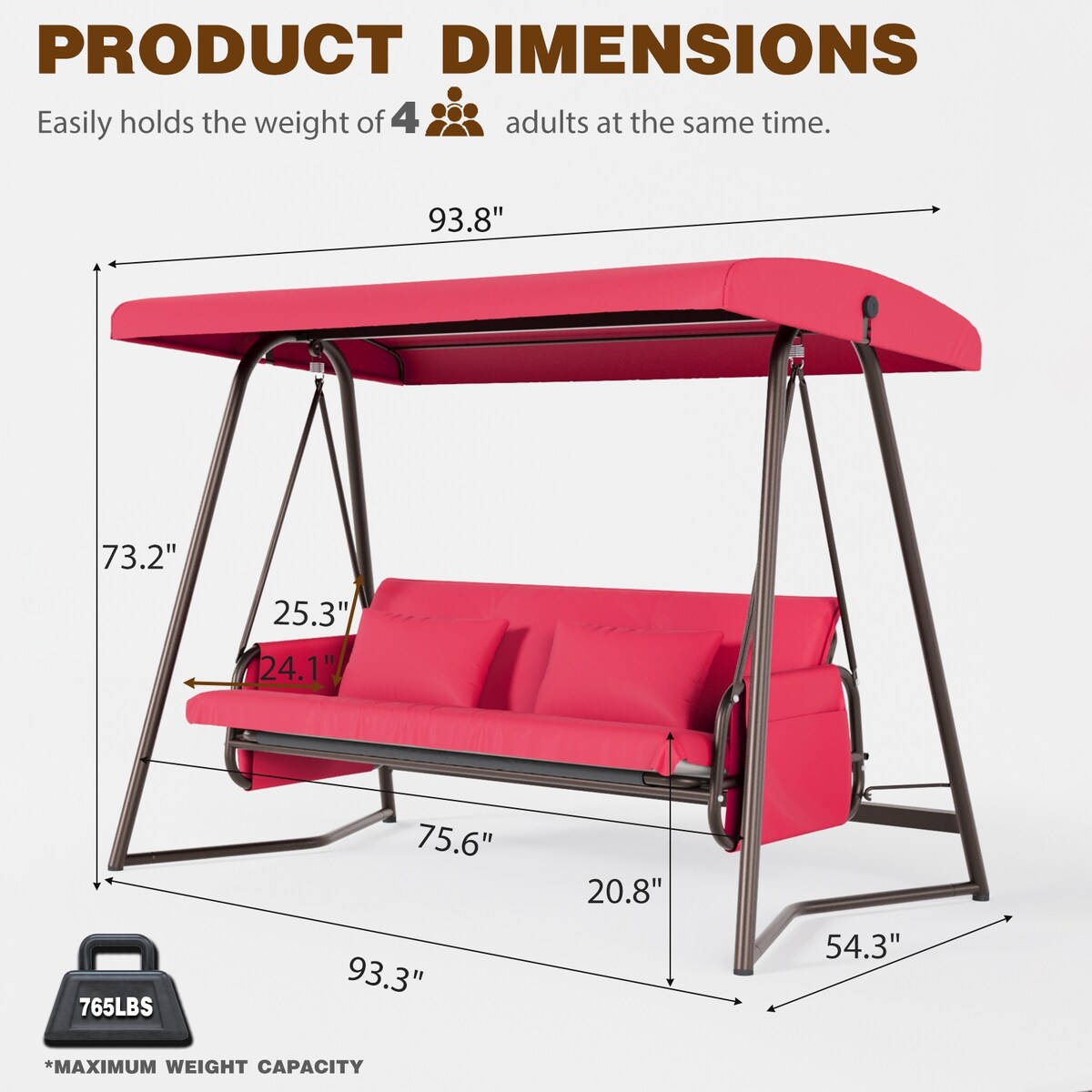 Outdoor Patio 3 Seaters Metal Swing Chair Swing Bed with Cushion and Adjustable Canopy For Balcony,Poolside and Garden