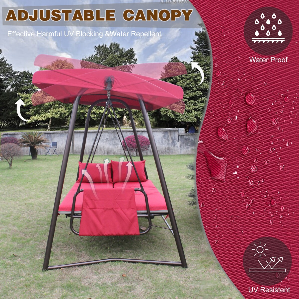 Outdoor Patio 3 Seaters Metal Swing Chair Swing Bed with Cushion and Adjustable Canopy For Balcony,Poolside and Garden