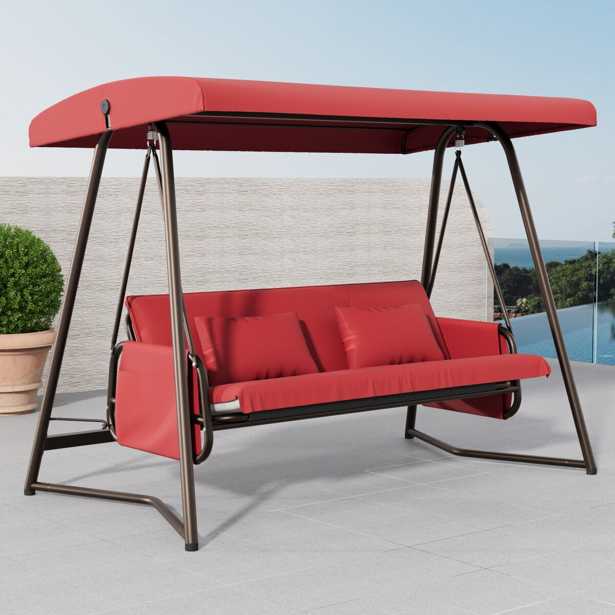 Outdoor Patio 3 Seaters Metal Swing Chair Swing Bed with Cushion and Adjustable Canopy For Balcony,Poolside and Garden