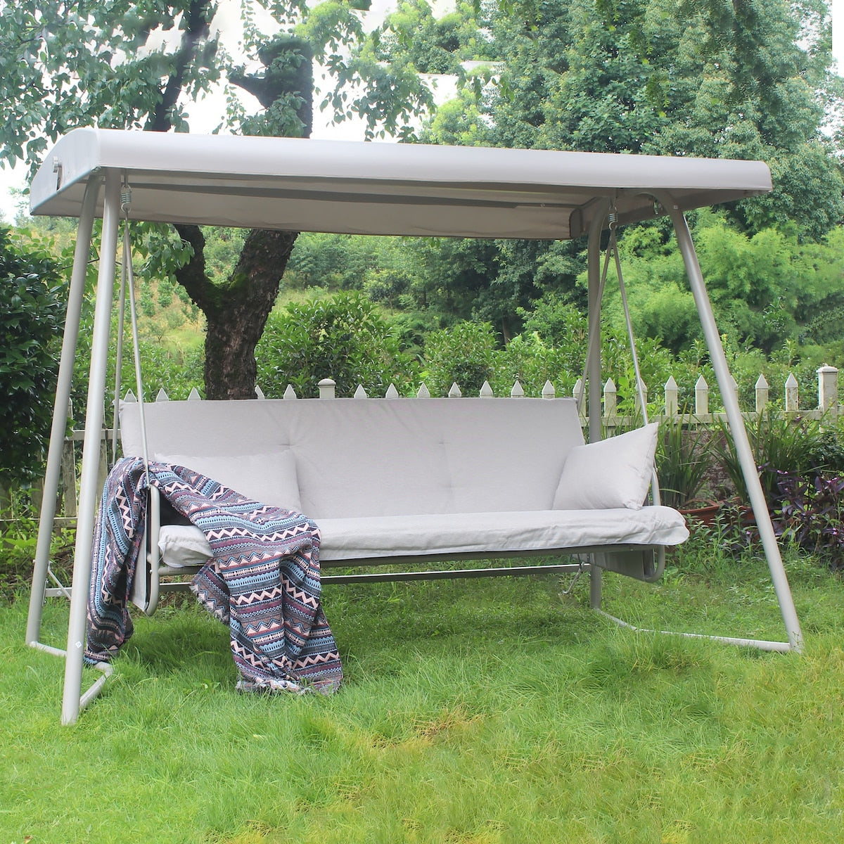 Outdoor Patio 3 Seaters Metal Swing Chair Swing Bed with Cushion and Adjustable Canopy For Balcony,Poolside and Garden