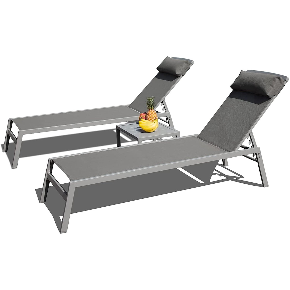 Outdoor Patio Chaise Lounge Set with Adjustable Back and Side Table - 3-Piece Aluminum Sunbathing Recliners
