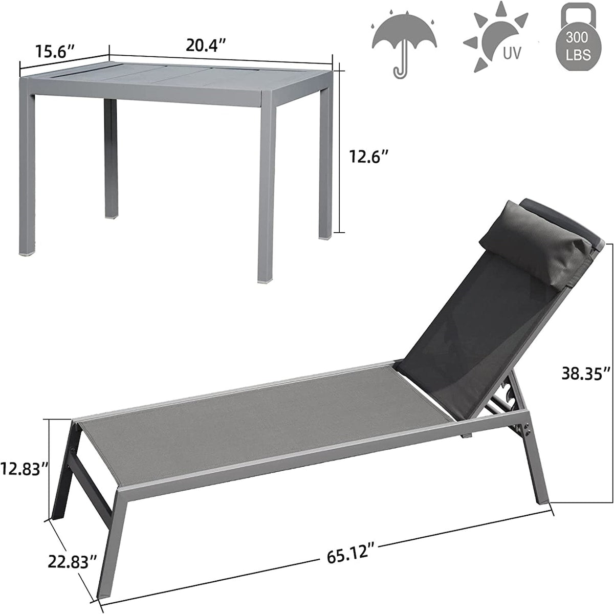 Outdoor Patio Chaise Lounge Set with Adjustable Back and Side Table - 3-Piece Aluminum Sunbathing Recliners