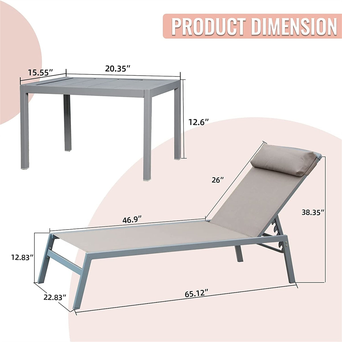 Outdoor Patio Chaise Lounge Set with Adjustable Back and Side Table - 3-Piece Aluminum Sunbathing Recliners
