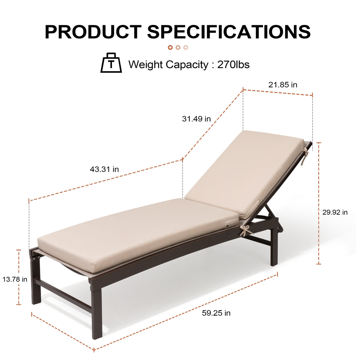 Outdoor Patio Cushioned Lounge Chair Aluminum Adjustable Sun Lounger with Thick Cushion