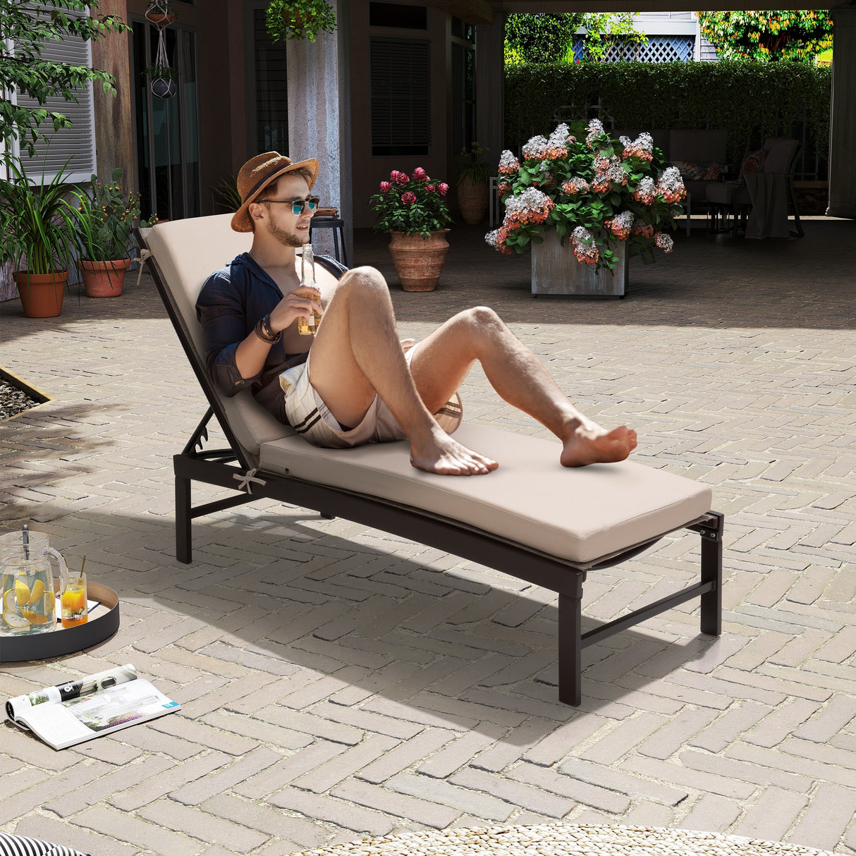 Outdoor Patio Cushioned Lounge Chair Aluminum Adjustable Sun Lounger with Thick Cushion