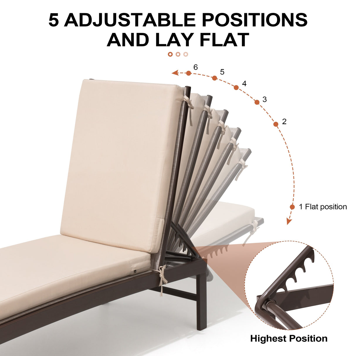 Outdoor Patio Cushioned Lounge Chair Aluminum Adjustable Sun Lounger with Thick Cushion
